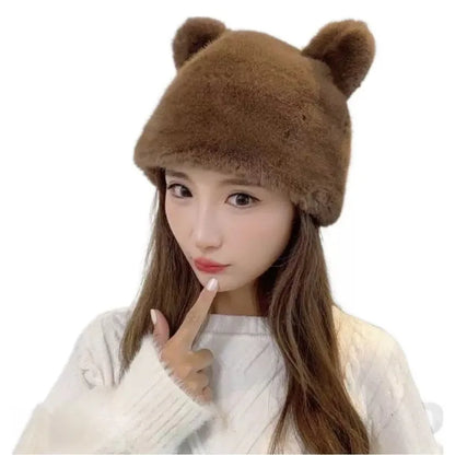 Cute Kawaii Black Bear Ears Plush Rabbit Fur Hat 🐻❄️ | Cozy Knitted Cap for Winter Fun!