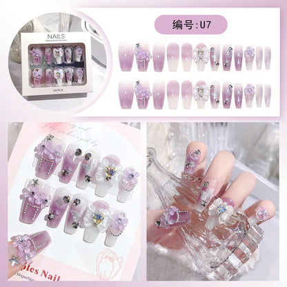 Kawaii Bunny Blossom 🌸✨ 24pcs Pink Flower Rhinestone Coffin Press-On Nails - Acrylic Nail Art for a Cute Touch! 🐰💖