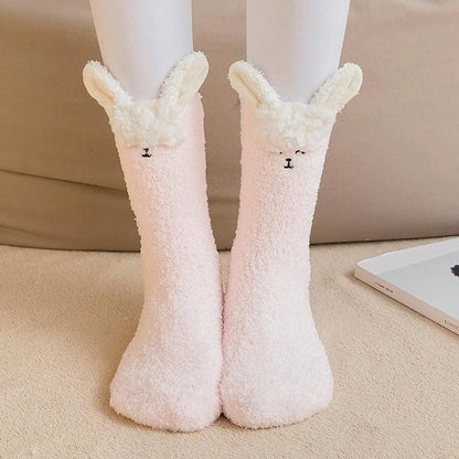 Kawaii Cozy Critter Socks 🐾🧦 | Fuzzy Fluffy Coral Fleece for Adults | Cute Cat, Rabbit, Alpaca & Giraffe Designs for Winter Warmth ❄️✨