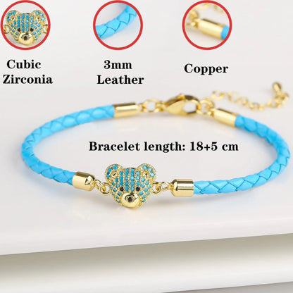 🐻✨ Adorable Bear Zirconia Charm Bracelet - 6 Color Adjustable Leather Rope for Everyone! 🎉🎈