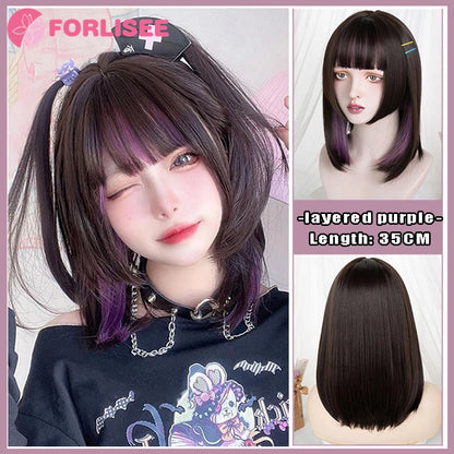 Kawaii Magic! 🌸✨ FORLISEE Black & Pink Long Straight Wig with Bangs - Perfect for Cosplay & Sweet Lolita Looks! 💖🎀