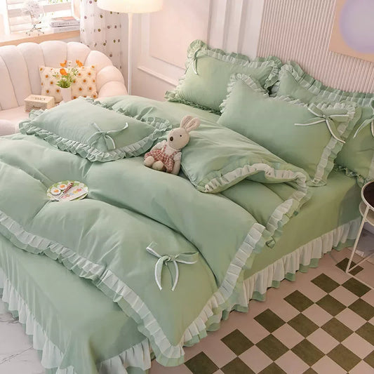 🌟 Kawaii Green Seersucker Bedding Set 🌙 4-Piece Princess Duvet & Pillowcase - Cute Home Decor! 🛏️💚
