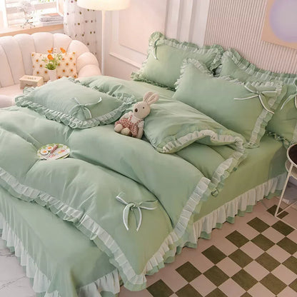 🌟 Kawaii Green Seersucker Bedding Set 🌙 4-Piece Princess Duvet & Pillowcase - Cute Home Decor! 🛏️💚