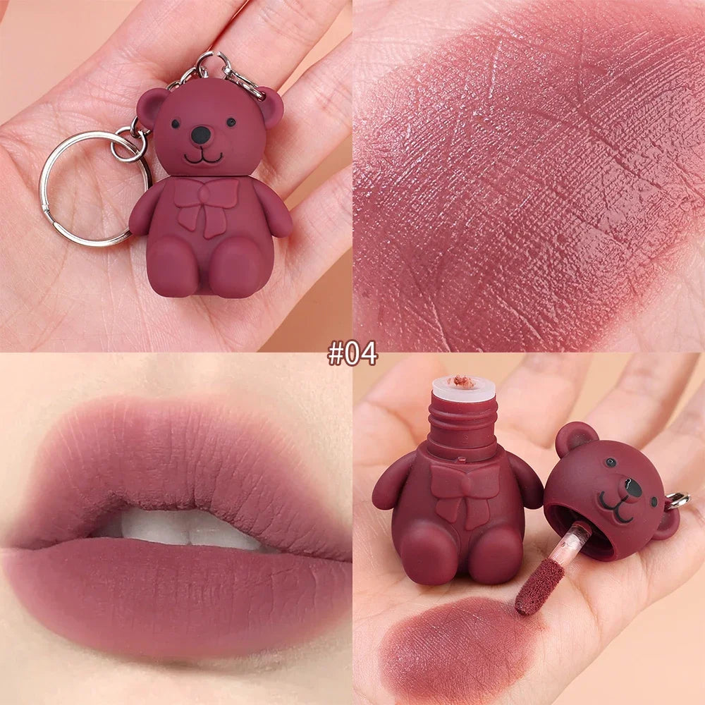 Water Light Mirror Lip Glaze Waterproof Long Lasting Cute Bear Keychain Lip Gloss Silky Smooth Liquid Lipstick Women Lip Makeup