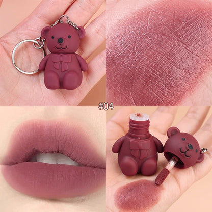 Water Light Mirror Lip Glaze Waterproof Long Lasting Cute Bear Keychain Lip Gloss Silky Smooth Liquid Lipstick Women Lip Makeup