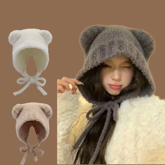 Kawaii Bear Ear Knitted Wool Hat 🐻❄️ | Cozy Winter Bomber Cap with Lace-Up Design for Warmth!