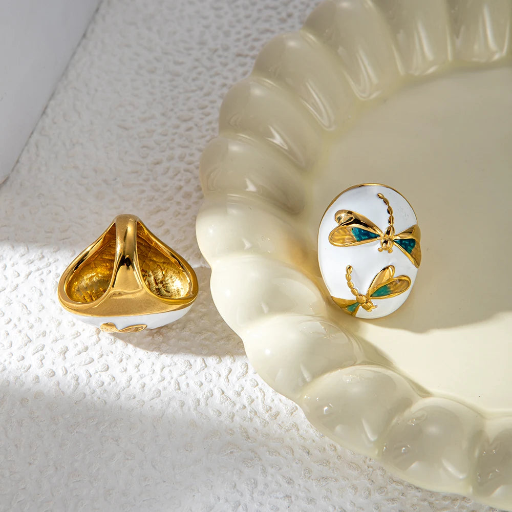 MayRZ Dragonfly Oil Drop Stainless Steel Chunky Ring 14K Gold Plated Unisex Jewelry For Men And Women Cute Accessory 💍🐉✨