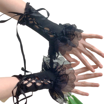 Women Lace Fingerless Gloves With Bowknot For Lolita Cosplay Arm Warmers 💗🎀