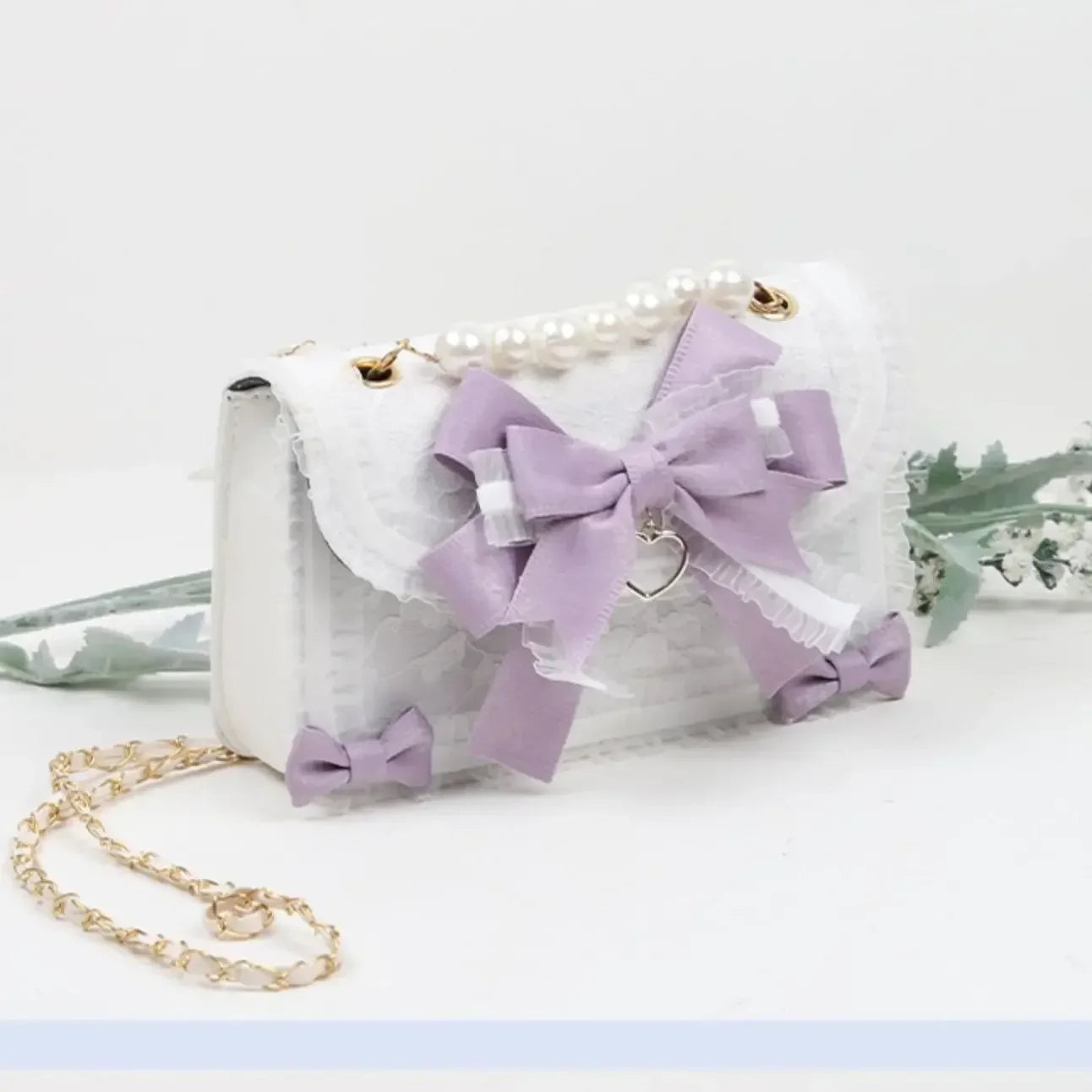 ✨ Kawaii Lolita Bow & Lace Crossbody Bag 🎀 | Pearl-Embellished Japanese Style Purse for Trendy Girls 🌸