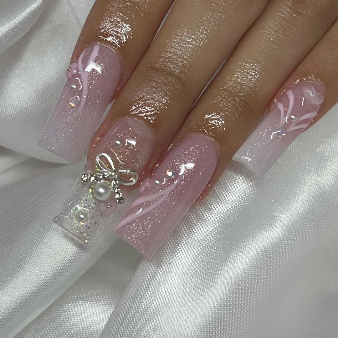Kawaii Pink Bow Ballet Coffin Press-On Nails 🎀✨ - 24 Pcs Full Cover Magic!