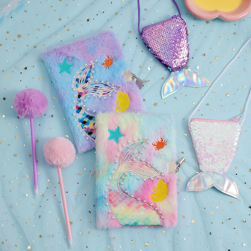 Kawaii Mermaid Plush Stationery Set 🧜‍♀️✨ - Fishtail Notebook, Cute Ballpoint Pen & Crossbody Bag for School & Office Supplies! 🌟📚🎒