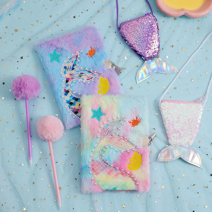 Kawaii Mermaid Plush Stationery Set 🧜‍♀️✨ - Fishtail Notebook, Cute Ballpoint Pen & Crossbody Bag for School & Office Supplies! 🌟📚🎒