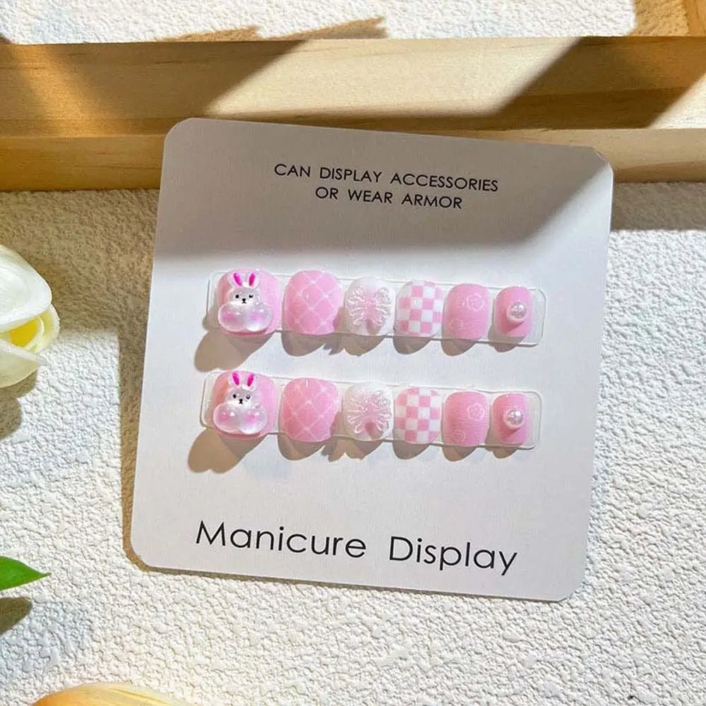 Kawaii Bunny Flower Fake Nails 🌸🐰 | Adorable Cartoon Nail Art for Kids 💅✨ - 12 Pcs Set