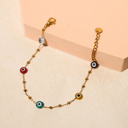 Pastel Chibi Devil's Eye Beads Stainless Steel Bracelet For Women 14K Plated Chain Jewelry Daily Wear 🧿💗🎀