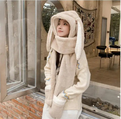 🥰 Kawaii Plush Rabbit Ears 3-Piece Winter Hat & Scarf Set 🐰✨