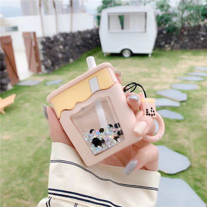 Kawaii Quicksand Glitter Bubble Milk Tea AirPods Pro Case 🌟🍵 | Cute 3D Silicone Cover for Wireless Earphones 🎧✨