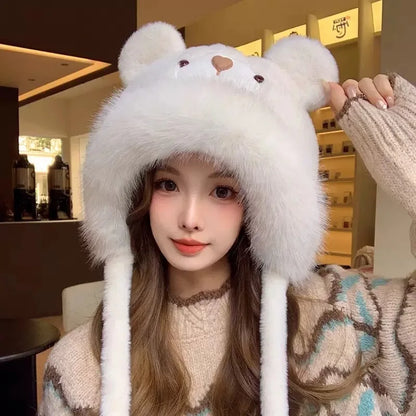 Cozy Bear Ear Beanie Knit Hat For Women Winter Warmth Plush Polyester 🧸