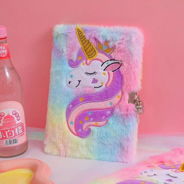 Kawaii Unicorn Plush Lockable Diary ✨🌈 - Magical Notebook for Kids! 🦄📖