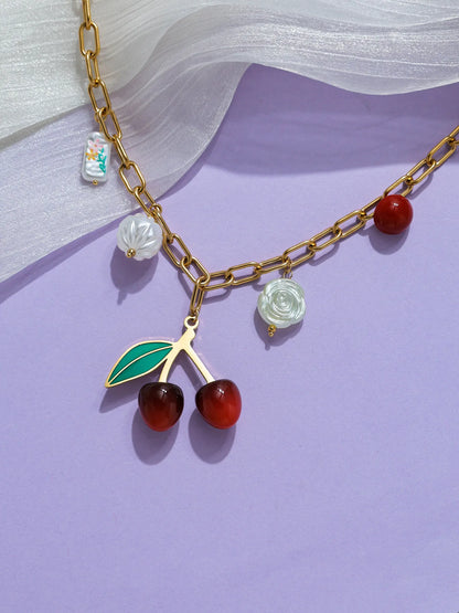 Whimsical Fruit Pendant Necklace 18K Gold Plated Stainless Steel Oil Dripping Cherry Pearl Tulip Acrylic Charm 🍒🌸