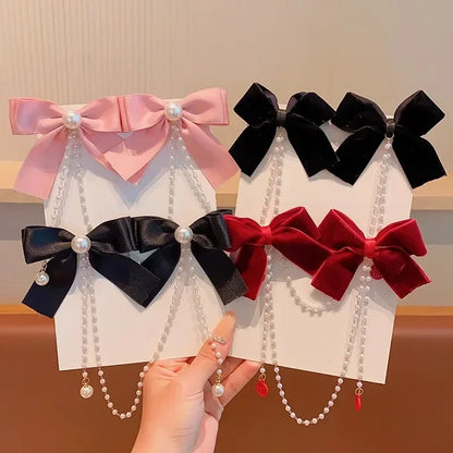 Kawaii Pearl Bow & Tassel Hair Clips 🎀✨ Cute Velvet Hair Claw for Little Princesses 👸🌟 Adorable Fashion Accessories!