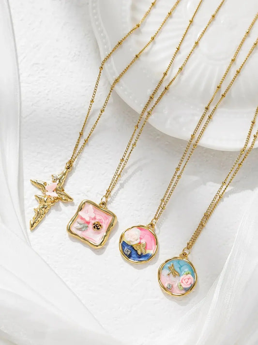 Women's Stainless Steel Gold Necklace With Pearl Zircon Flower Pendant Dripping Enamel Art Jewelry 💖🌸