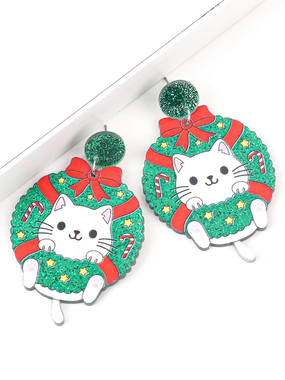 Christmas Acrylic Wreath Drop Earrings Women Dog Cat Glitter Cute New Year 🎄🐶🐱