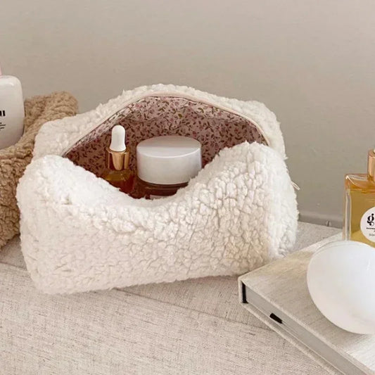 Kawaii Lambswool Plush Makeup Organizer 🐑✨ | Adorable Cosmetic Bag & Travel Pouch 🎀💖