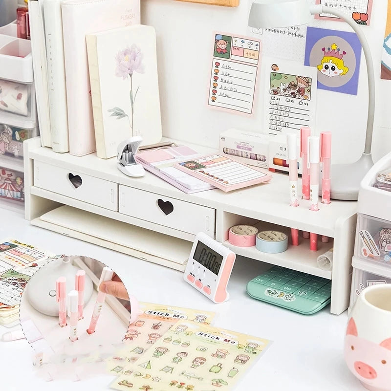 Kawaii Pink & White Heart Drawer Desk Organizer 💖✨ - Cute Monitor Riser & Stationery Holder for Students!