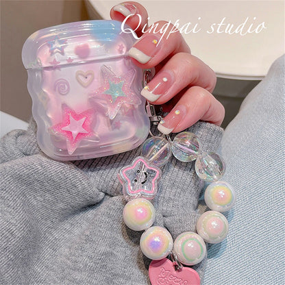 Korean Cute 3D Pink Star Wavy Border Headphones Case For AirPods 1 2 3 With Love Heart Bead Pendant Soft Cover For AirPods Pro 2 - Pixie Quill