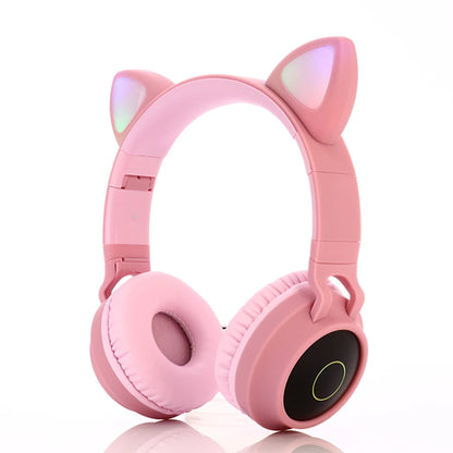 ✨ Kawaii Cat Ear Bluetooth Headphones 🎶 - Adorable LED Music Headset for Girls 💖 - Supports TF Card & FM Radio! 🌈