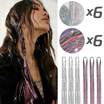 ✨Sparkly Fairy Hair Tinsel Set 🌈12 Shimmering Strands for Whimsical Hairstyles 🎉 Perfect for Parties & Festivals! 🦄✨