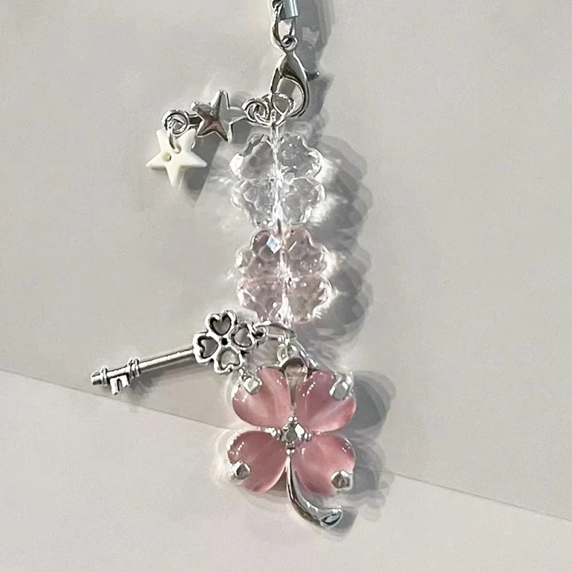 Delicate Pink Green Crystal Lucky Plant Keychain Charm 🍀🌸 Cute Phone Ornament