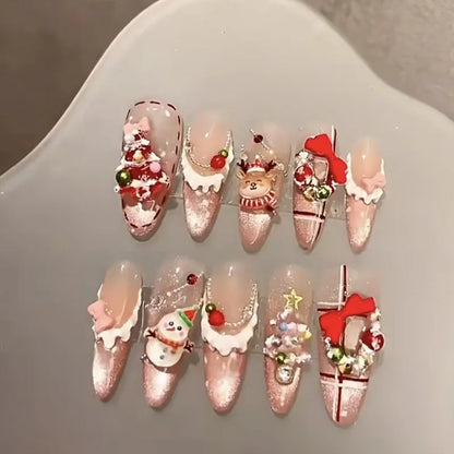 Kawaii Christmas Nail Set 🎄💅 | 10pcs Red 3D Bow & Snowman Press-On Nails for Festive Fun! ✨