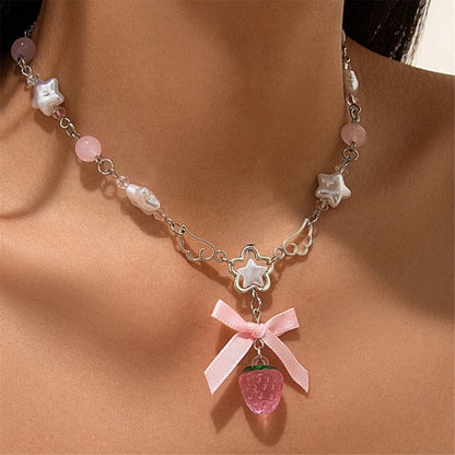 White Pentagram Strawberry Choker Necklace With Bowknot Charm 🍓🎀
