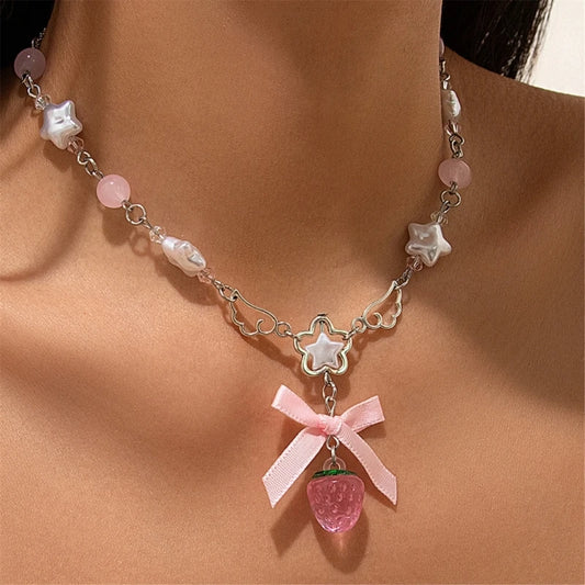 White Pentagram Strawberry Choker Necklace With Bowknot Charm 🍓🎀