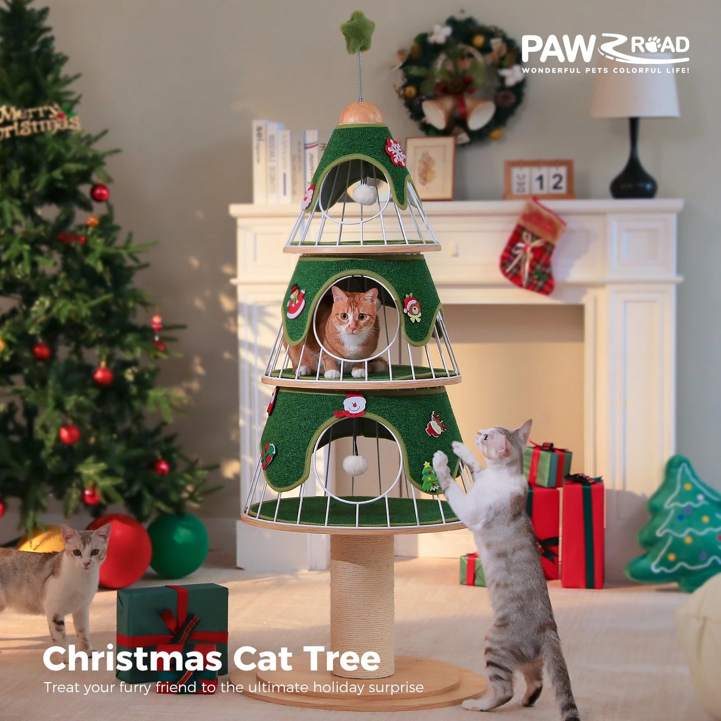 Christmas Cat Tree Tower With 4 Tiers, Wood Post, 3 Condos, Replaceable Mat 🐾🎄
