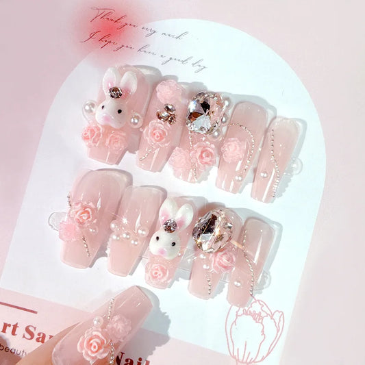 Kawaii Bunny Blossom 🌸✨ 24pcs Pink Flower Rhinestone Coffin Press-On Nails - Acrylic Nail Art for a Cute Touch! 🐰💖