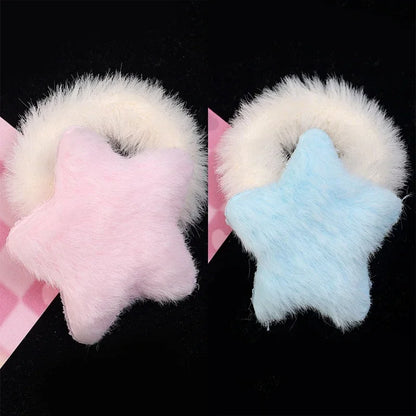 Kawaii Winter Furry Star Hair Ties 🌟✨ Cute Plush Scrunchies for Girls & Women - Colorful, Fashionable Fur Hair Bands! 🎀