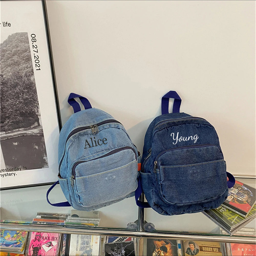 Kawaii Custom Mini Denim Backpack 🎀✨ | Personalized Embroidery Name 💖 | Stylish Gift for Trendy Young Ladies 🎉🎒