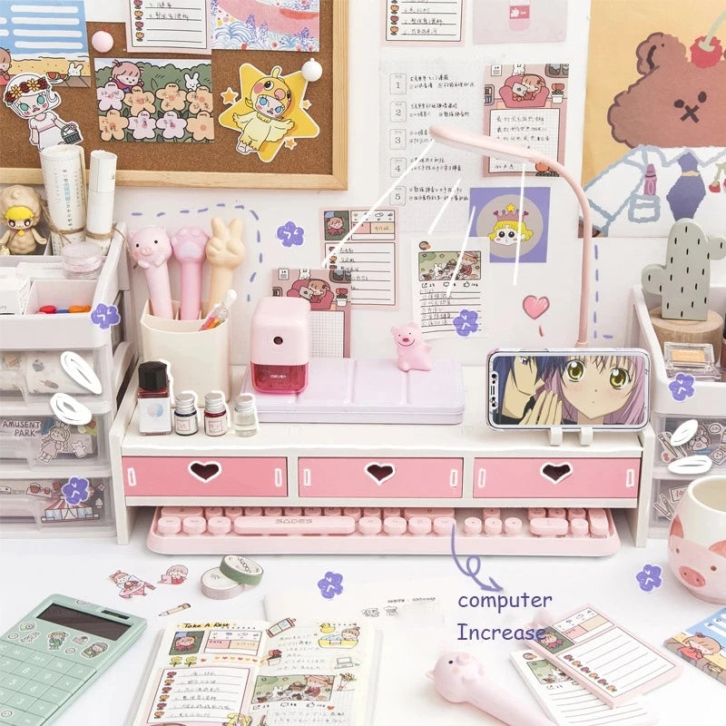 Kawaii Pink & White Heart Drawer Desk Organizer 💖✨ - Cute Monitor Riser & Stationery Holder for Students!