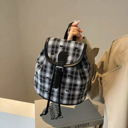 Kawaii Mini Plaid Oxford Backpack 🎀💕 | Adorable Women's Zipper Shoulder Bag with Heart Embroidery & Bow Details 🎉✨
