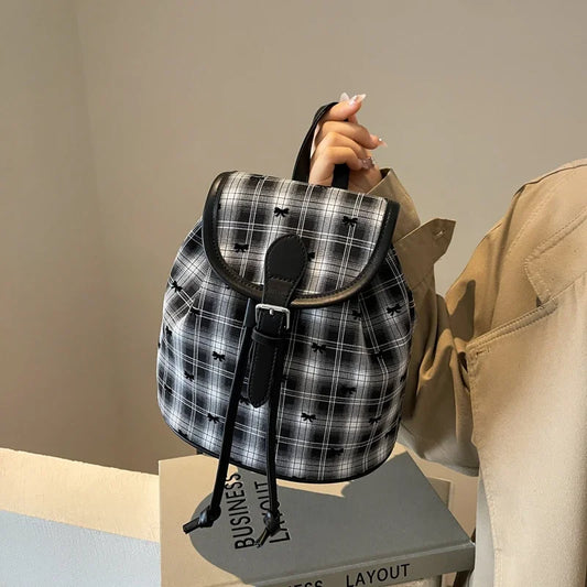 Kawaii Mini Plaid Oxford Backpack 🎀💕 | Adorable Women's Zipper Shoulder Bag with Heart Embroidery & Bow Details 🎉✨