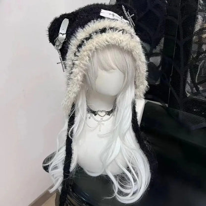 Gothic Harajuku Bear Hat For Women Wool Knit Beanie 🐻 Cross Star Wings Cute