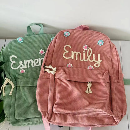 Kawaii Custom Name Backpack 🎒✨ | Adorable Embroidered Corduroy School Bag for Kids 🌈💕 | Perfect for Back to School!