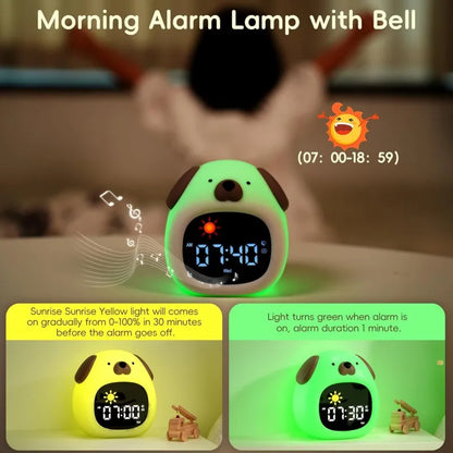 Kawaii Puppy Alarm Clock 🐶💤 | Cute Toddler Sleep Trainer with Colorful Night Light 🌈✨ for Kids' Bedrooms