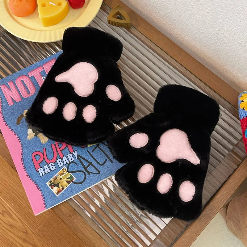 Fluffy Cat Paw Gloves Plush Mittens For Women Warm Half Finger Cozy Bear 🐱🐻