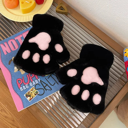 Fluffy Cat Paw Gloves Plush Mittens For Women Warm Half Finger Cozy Bear 🐱🐻
