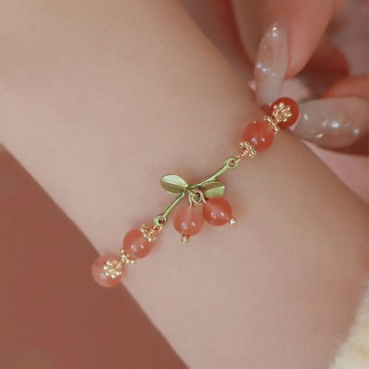 🌸 Charming Orchid & Cherry Beaded Bracelet 🌟 Kawaii Hand Ring for Girls 💖 Trendy Jewelry Accessory