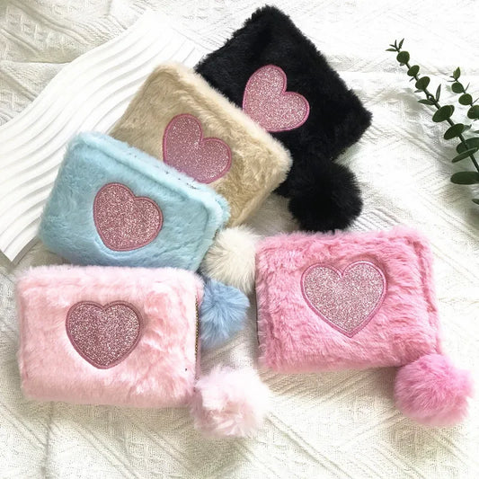 Women's Cute Plush Heart Print Wallet Zipper Coin Purse ID Credit Card Holder Clutch Bag Mini Purse Coin Pouch Card Wallet