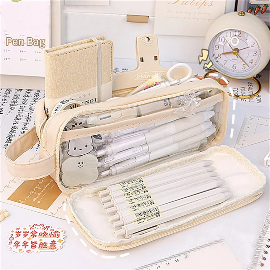 Kawaii Transparent Pencil Case 🍭✨ | Multifunctional Storage Bag for Girls 🎀 | Large Capacity Double Layer School Supplies 🎨✏️